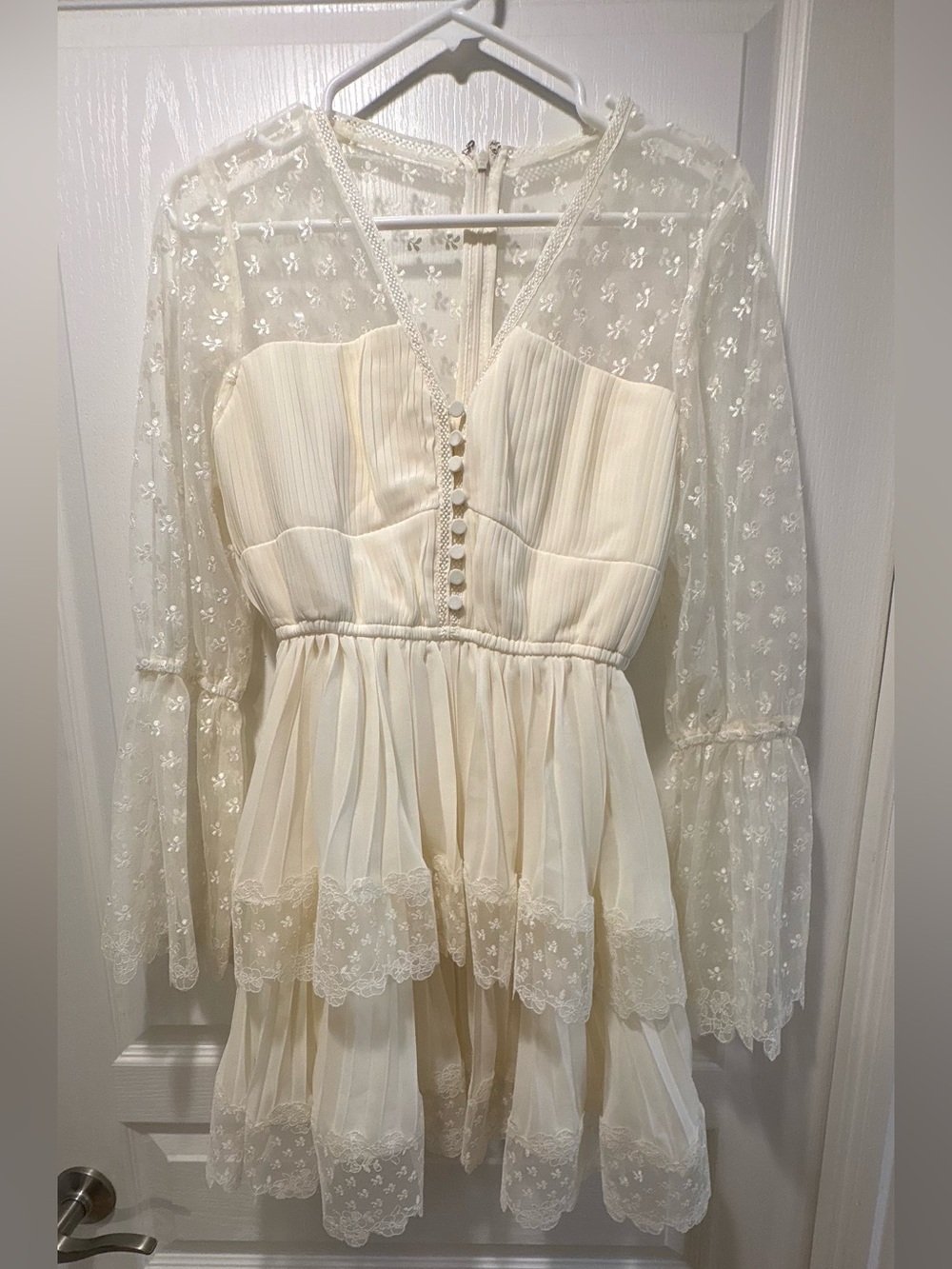 Elegant Ivory Lace Midi Dress with Sheer Sleeves